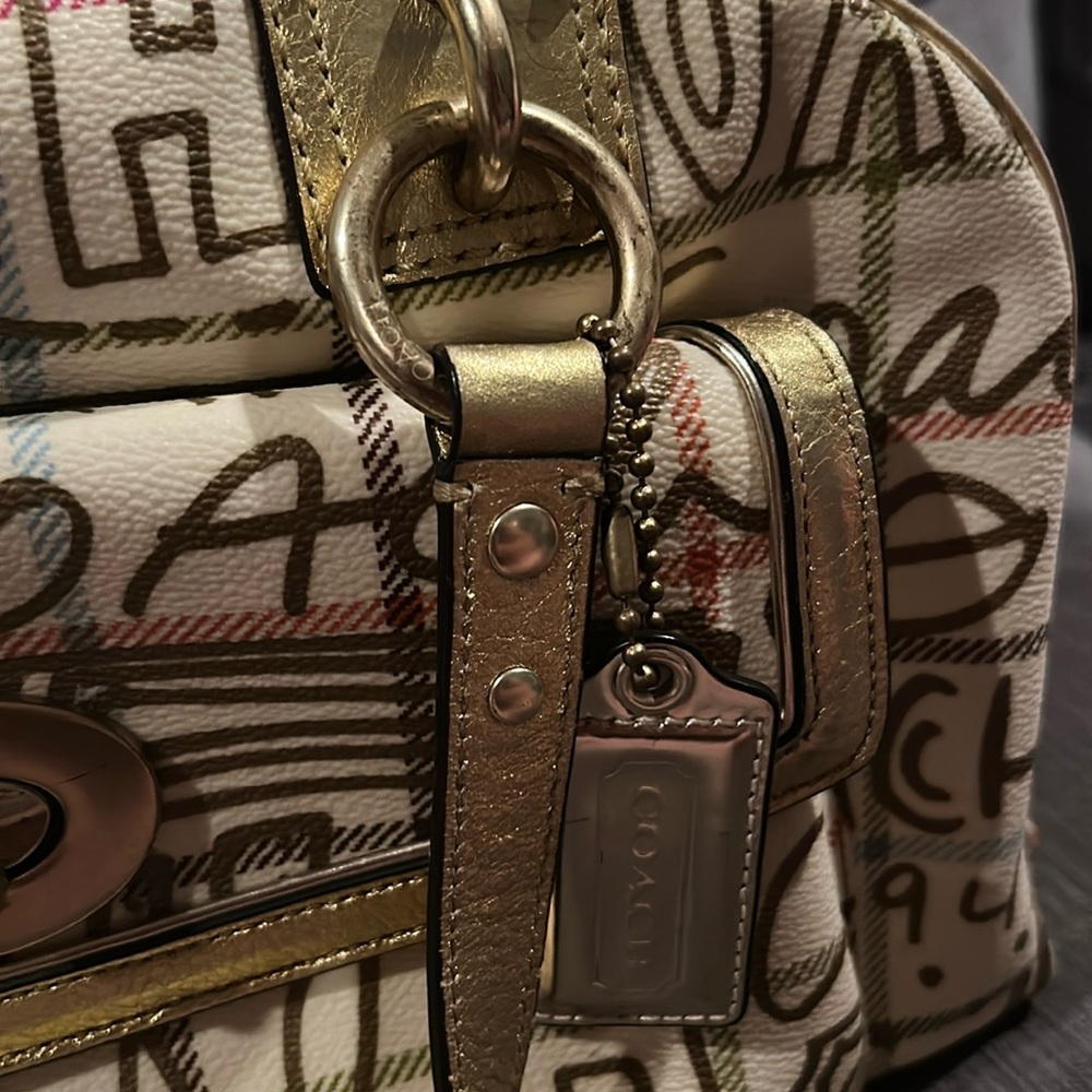 Coach Poppy Chelsea Graffiti Gold Tattersall Satchel Purse Cream and Gold - Picture 7 of 17